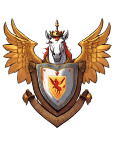 A Crest with a Uniron with Golden Wings wearing a Crown