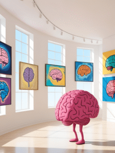 Pink Brain standing in an art gallery of different colored brains