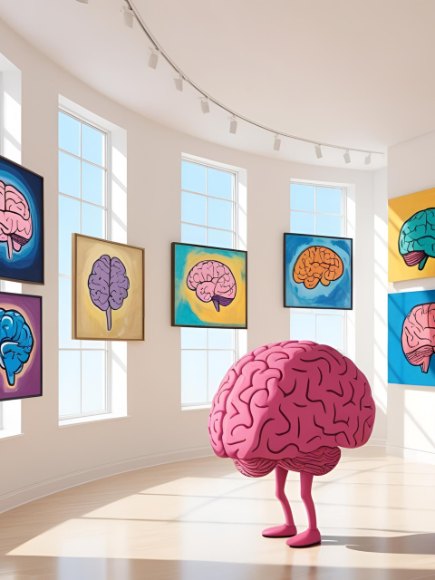 Pink Brain standing in an art gallery of different colored brains