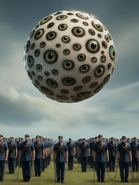 an ominous sphere of eyes hovers above a uniformed formation