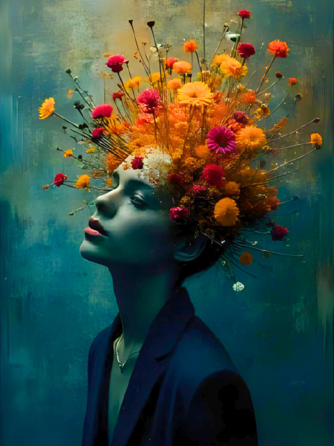 Portrait of a woman with a crown of vibrant flowers bursting from her head