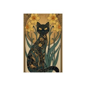IS_6268 Art Nouveau Black Cat Floral Daffodil Fine Art Print