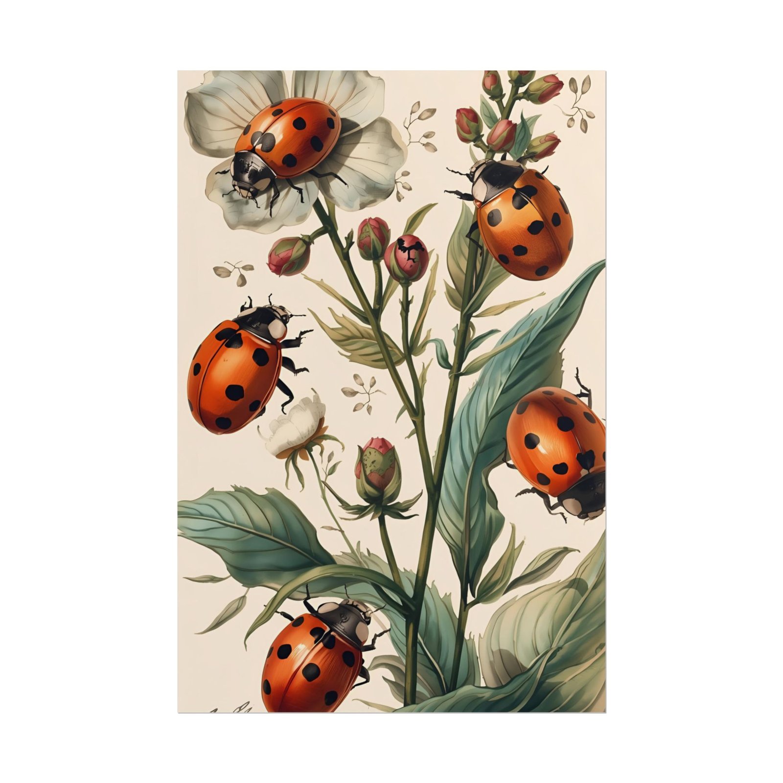 IS_6221 Ladybug Botanical Vintage Floral Rolled Poster