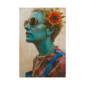IS_6437 Blue Portrait with Flower & Sunglasses, Surreal Fashion Rolled Poster