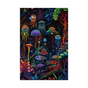 IS_6607 Psychedelic Underwater Fantasy Rolled Poster — Neon Jellyfish & Mushroom Art Print