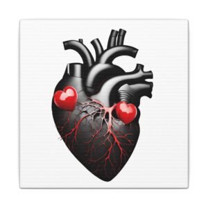 IS_4164 Anatomical Heart Canvas Print — Black Heart with Red Heartbeat Accents