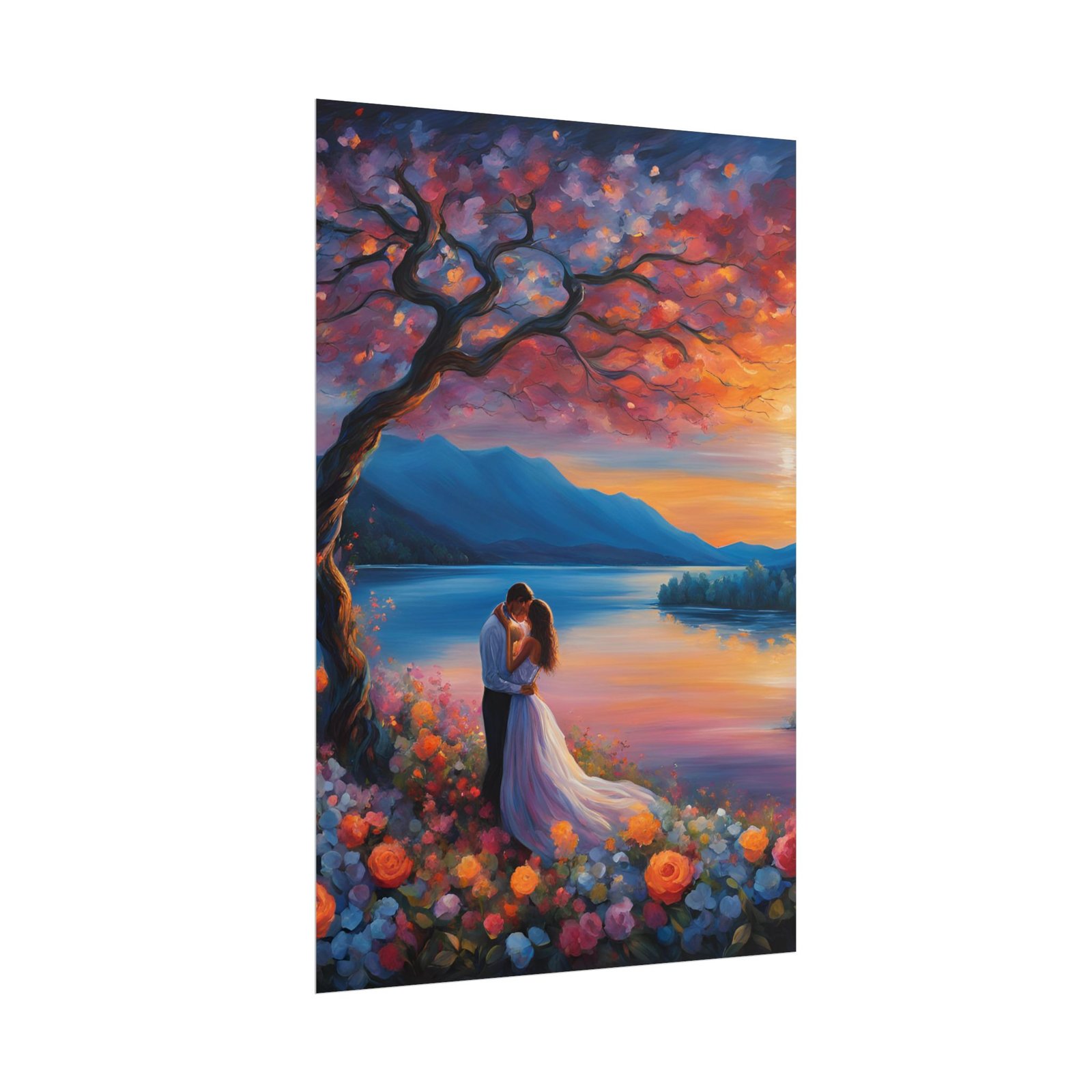 IS_3476 Romantic Sunset Lake Rolled Poster — Embrace Couple - Image 3