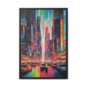 IS_3437 Neon Cityscape Matte Framed Canvas — Vibrant Urban Skyline Wall Art