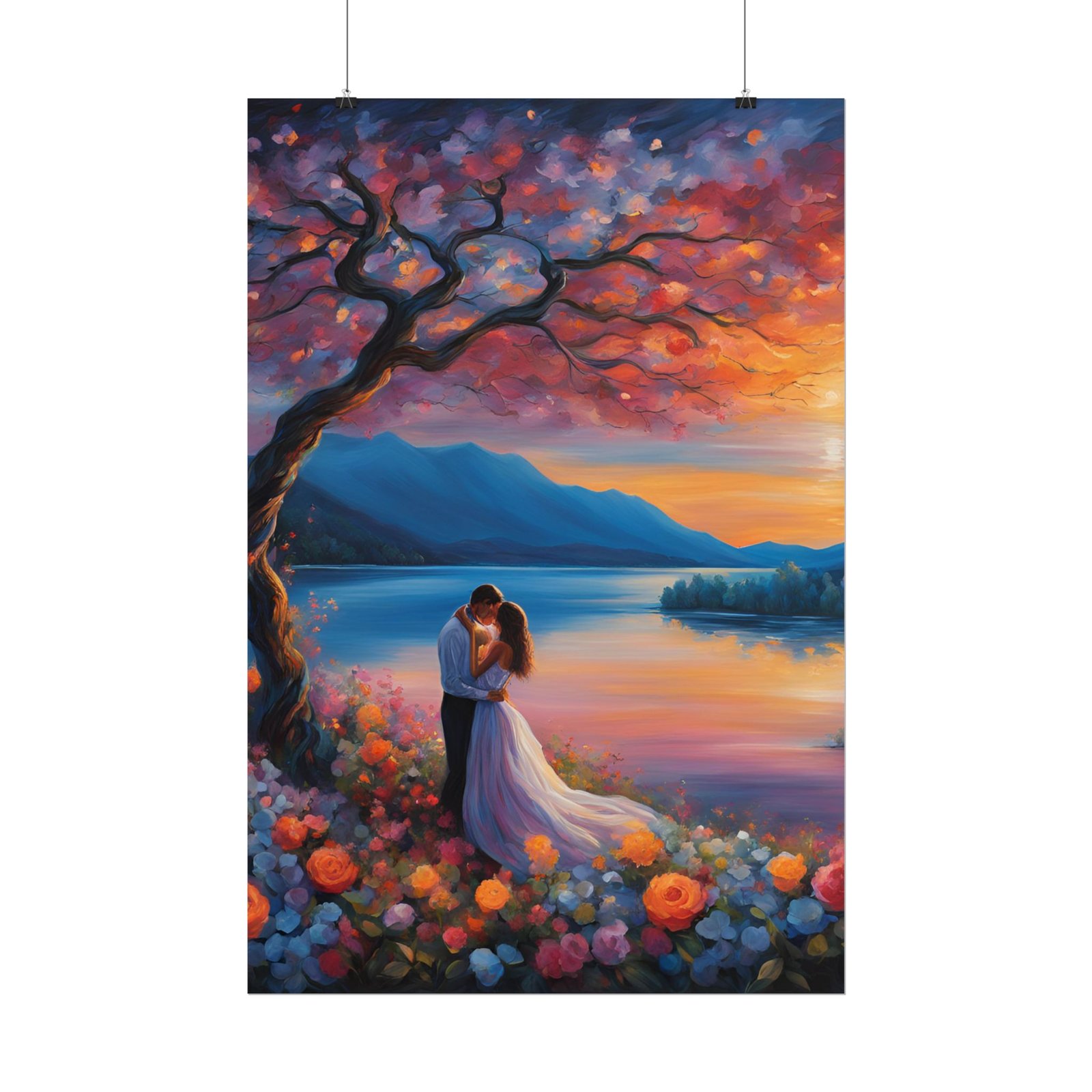 IS_3476 Romantic Sunset Lake Rolled Poster — Embrace Couple - Image 2