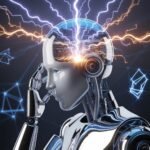 A robot imagining creativity as a lightning strike of inspiration