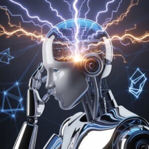 A robot imagining creativity as a lightning strike of inspiration