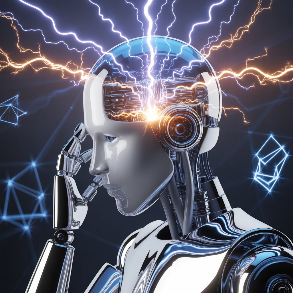 A robot imagining creativity as a lightning strike of inspiration