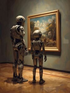 Two Robots admiring Artwork  hanging in the gallery