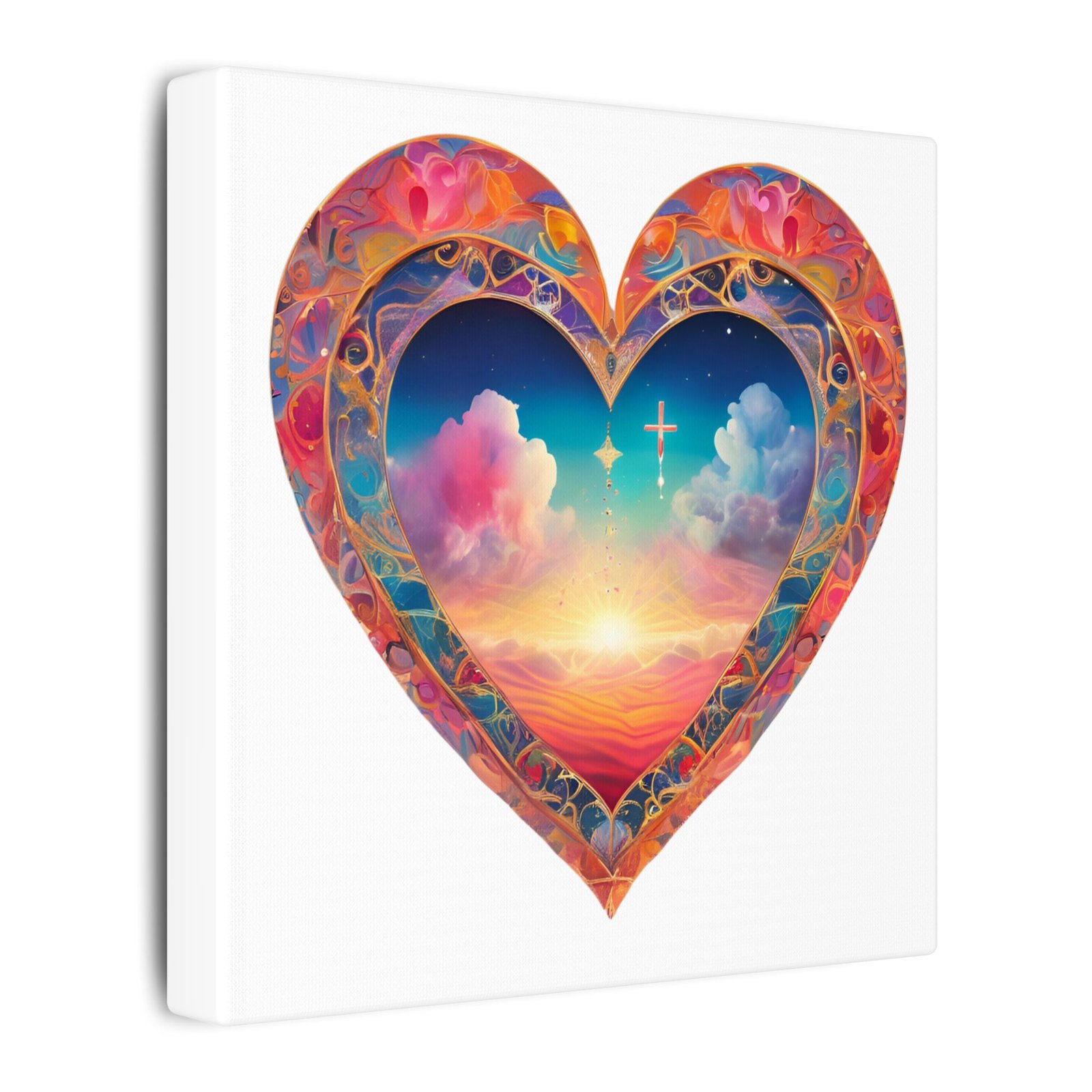 IS_4168 Heart Sunset Canvas Wall Art — Spiritual Cross, Colorful Dreamscape Matte Stretched Canvas - Image 2