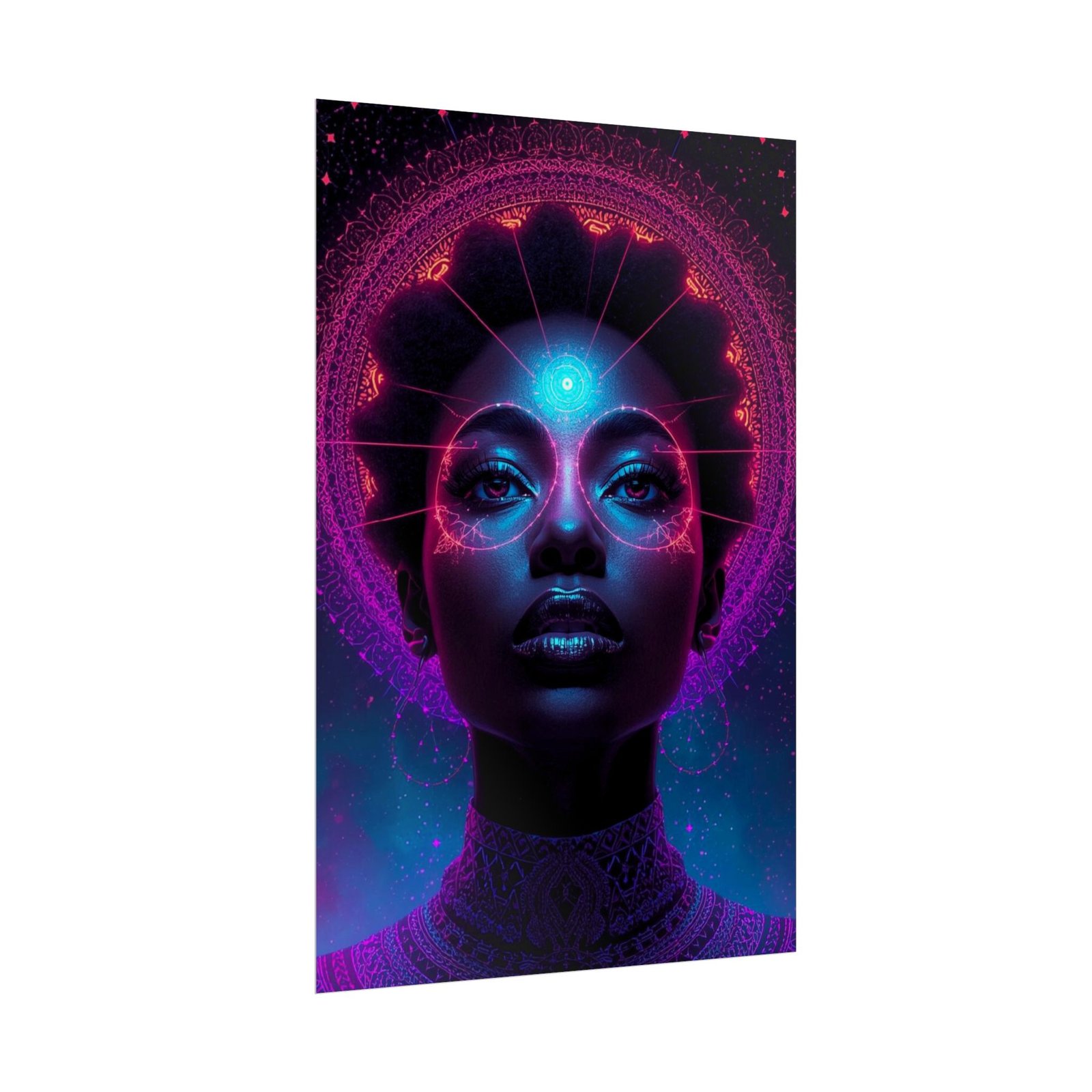 IS_6584 Cosmic Afro-Futurism Art Poster — Neon Third Eye Portrait Rolled Poster - Image 2