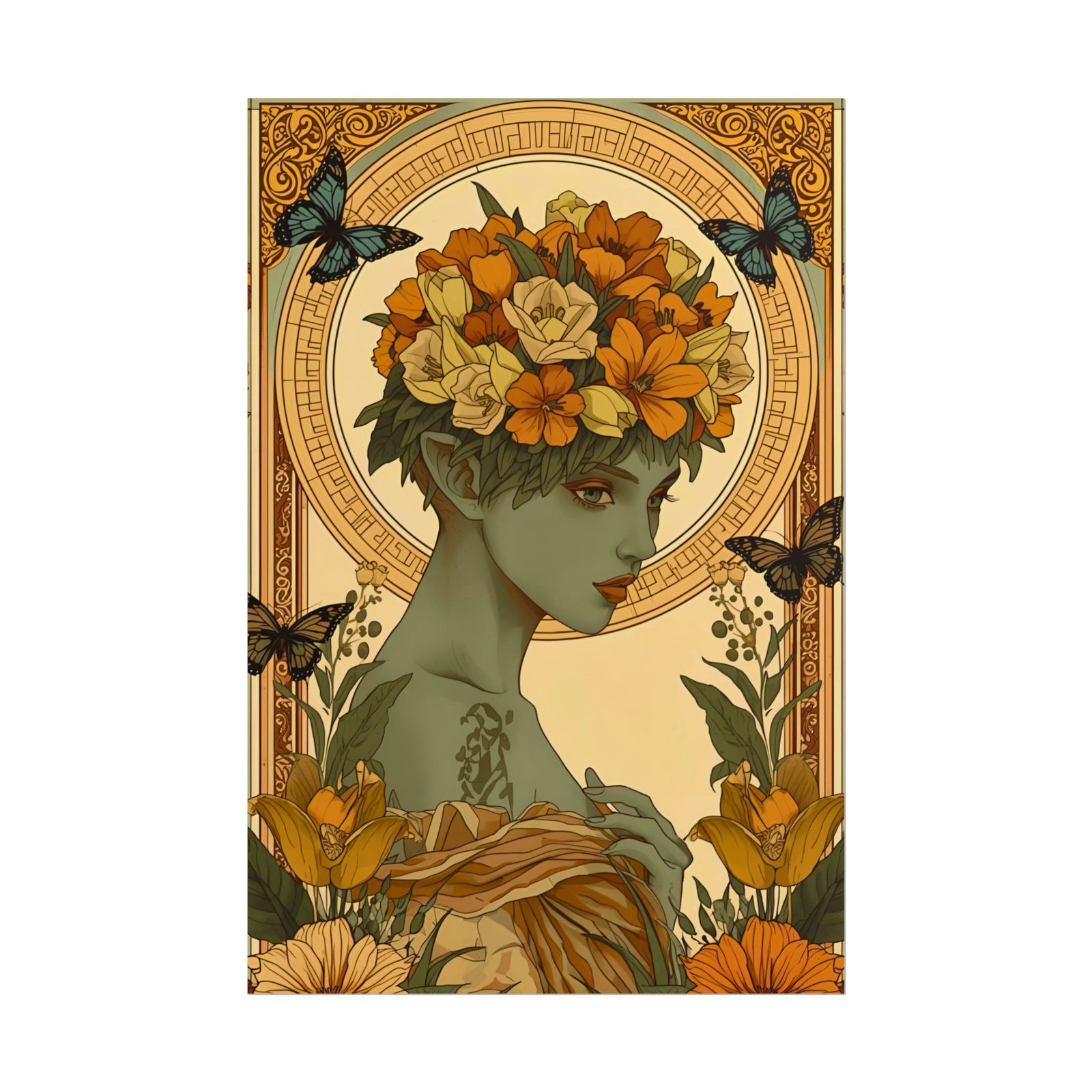 Art Nouveau Botanical Butterflies Flower Portrait Rolled Poster