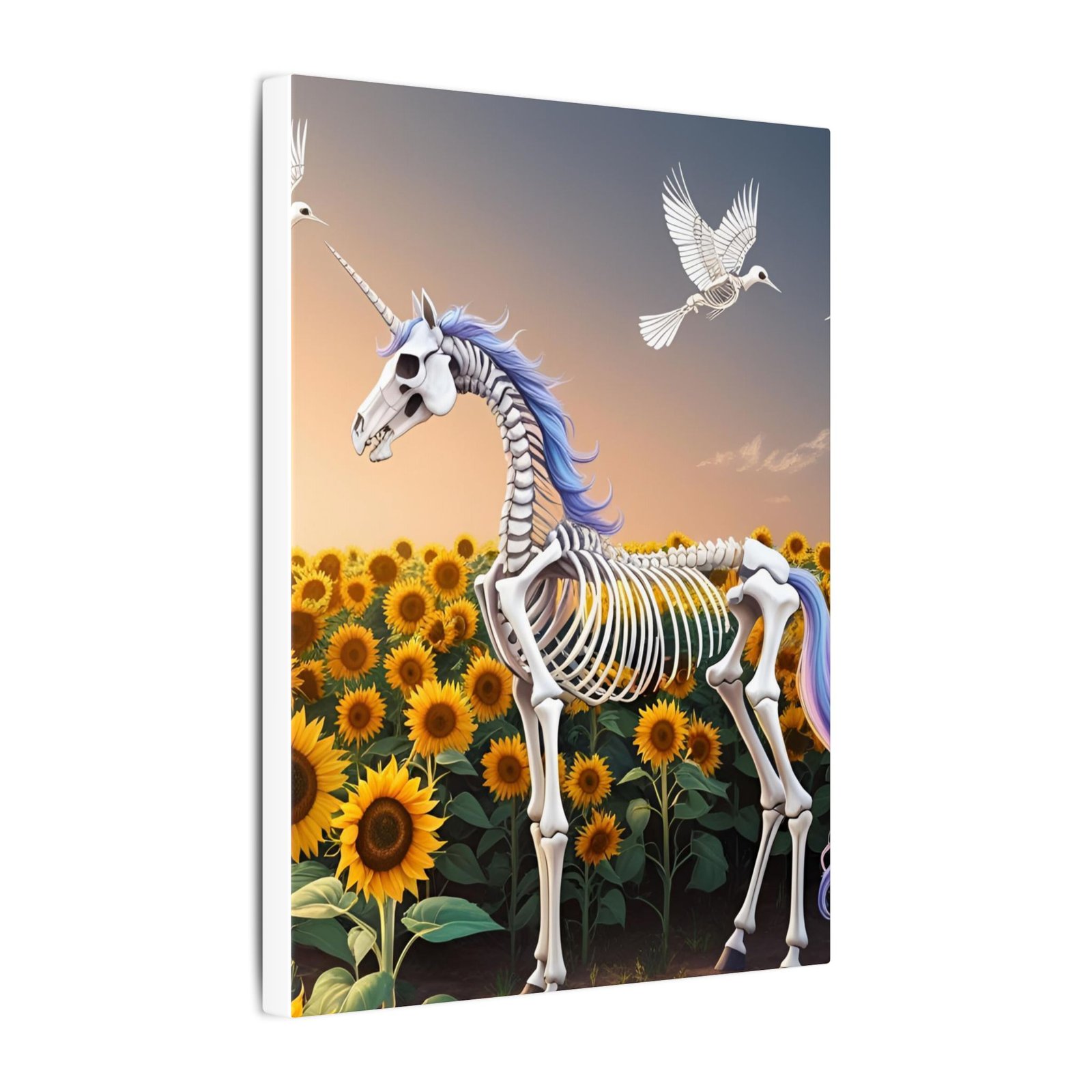 Skeleton Unicorn Surreal Sunflower Fantasy Canvas 9x12" - Image 2