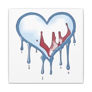 IS_3314 Dripping Heart Canvas Wall Art — Blue Melting Heart with Red Accent
