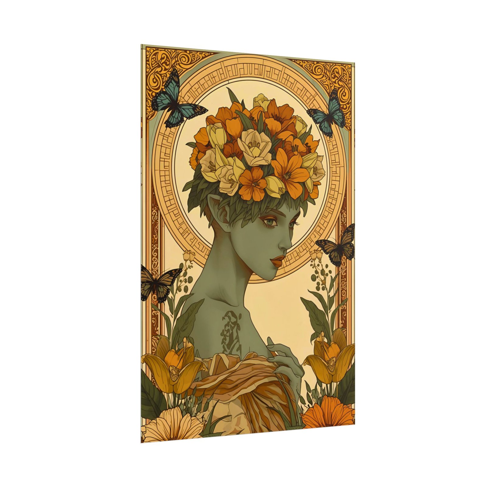 Art Nouveau Botanical Butterflies Flower Portrait Rolled Poster - Image 2