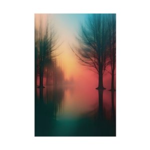 IS_6432 Dreamy Lake Sunset Forest Landscape Rolled Poster