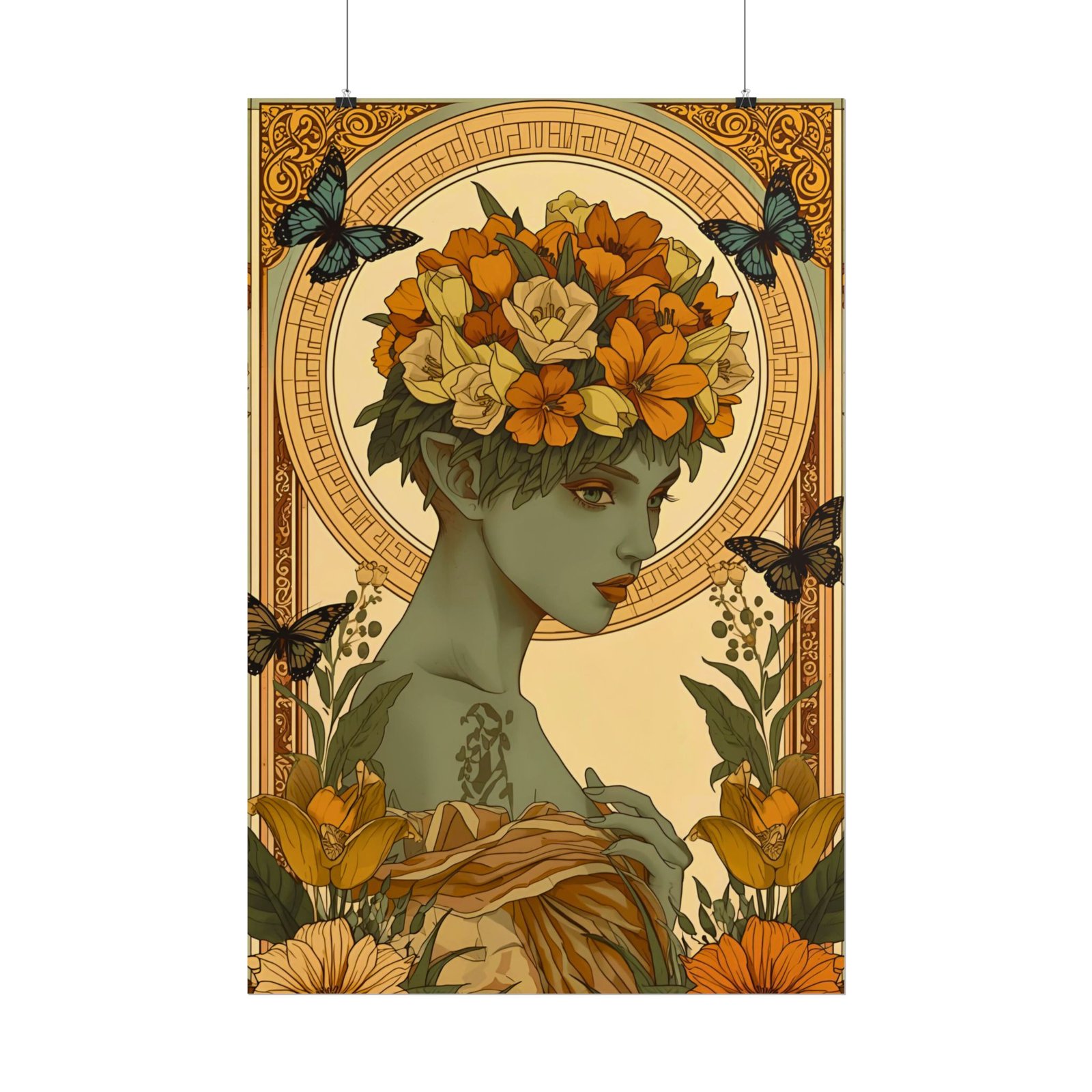 Art Nouveau Botanical Butterflies Flower Portrait Rolled Poster - Image 5
