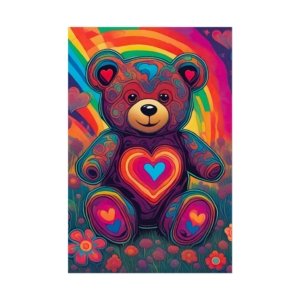 IS_6568 Psychadelic Teddy Bear Poster — Rainbow Heart Kids Room Wall Art