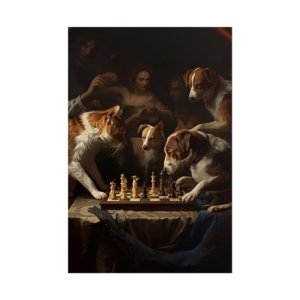IS_6464 Vintage Cat and Dog Playing Chess Rolled Poster