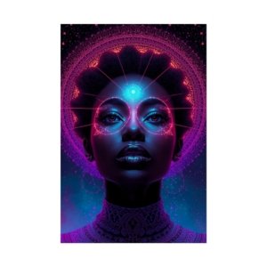 IS_6584 Cosmic Afro-Futurism Art Poster — Neon Third Eye Portrait Rolled Poster