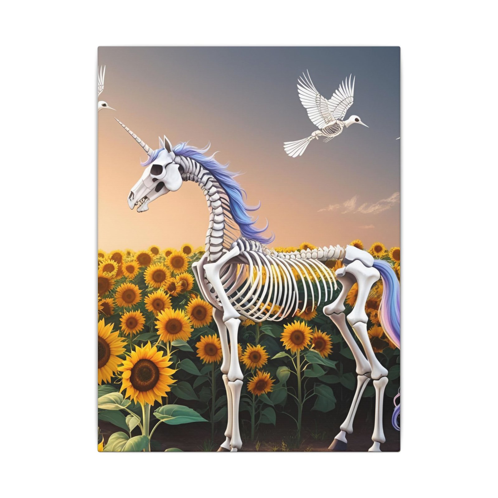 Skeleton Unicorn Surreal Sunflower Fantasy Canvas 9x12"