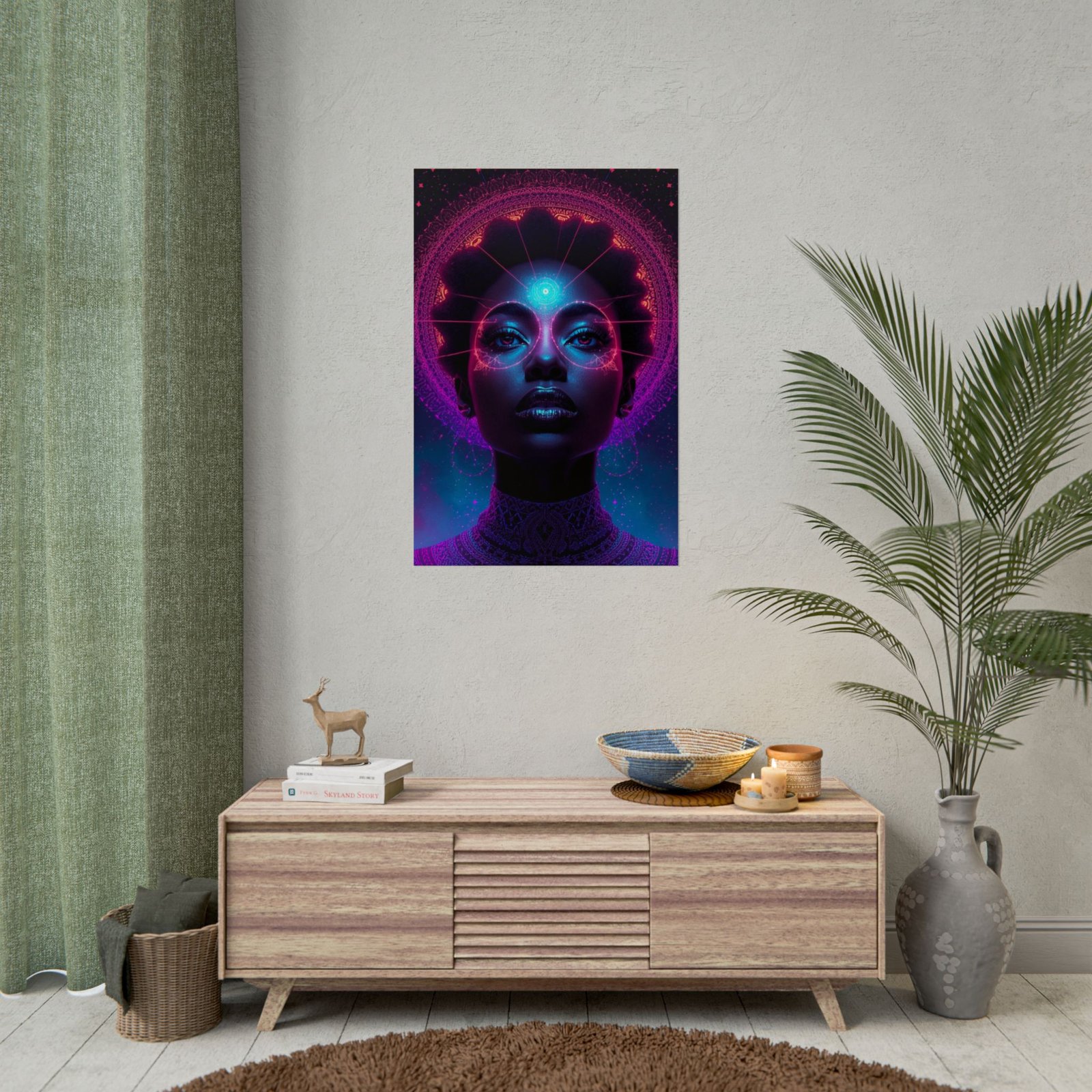 IS_6584 Cosmic Afro-Futurism Art Poster — Neon Third Eye Portrait Rolled Poster - Image 3