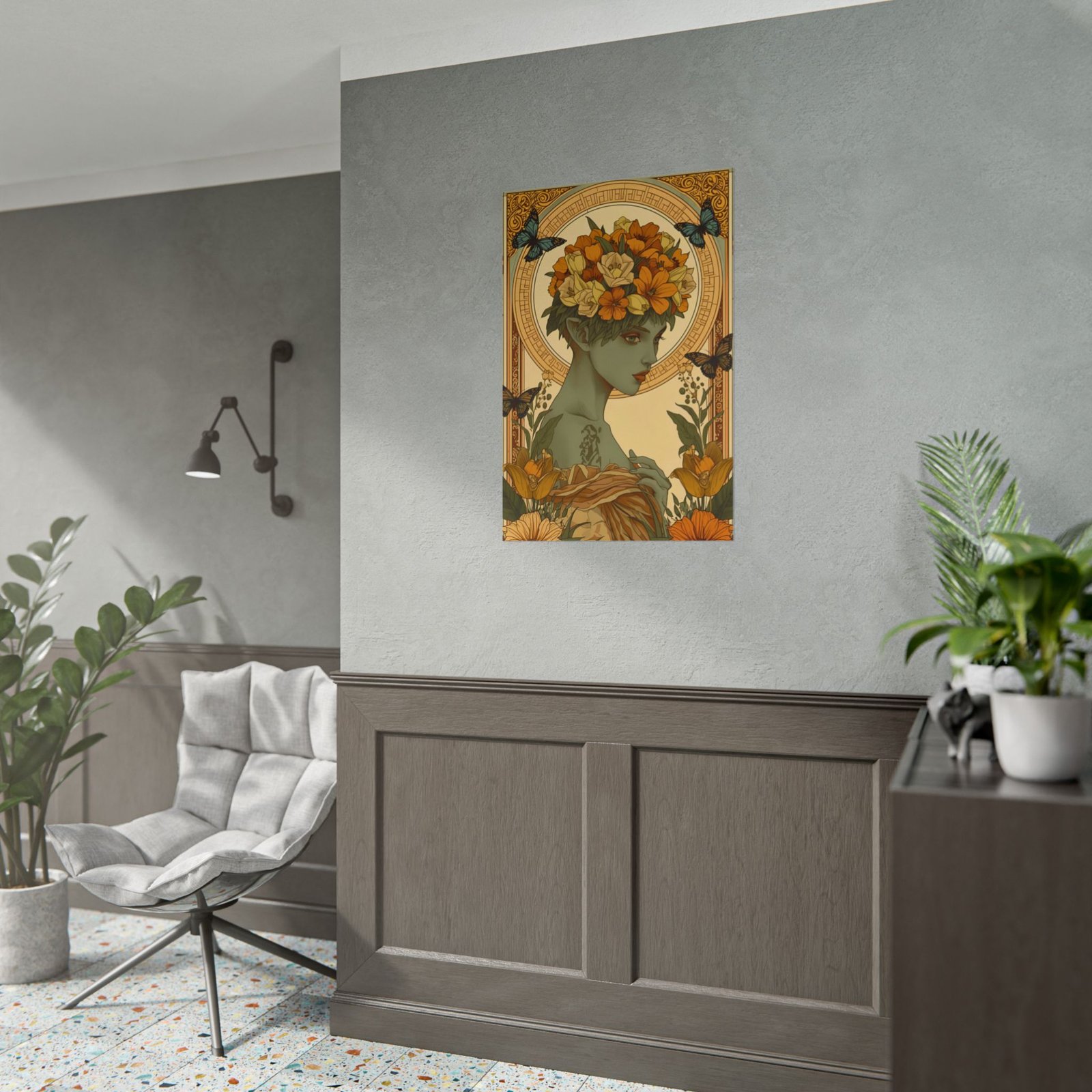 Art Nouveau Botanical Butterflies Flower Portrait Rolled Poster - Image 3