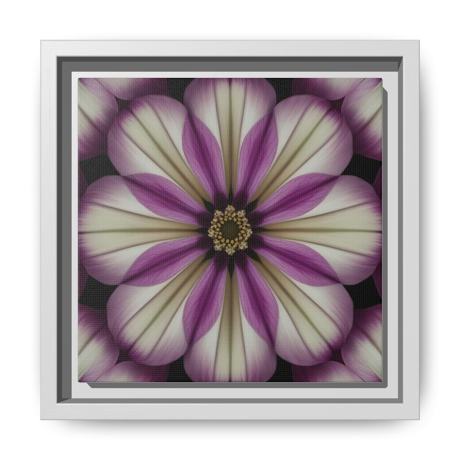 IS_4857 Framed Floral Kaleidoscope Canvas Print — Purple & Cream Decorative Wall Art