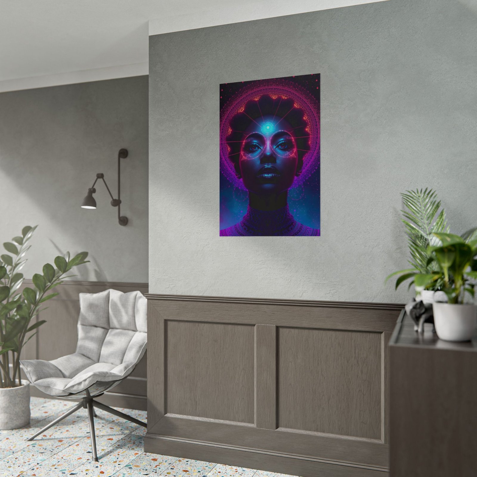 IS_6584 Cosmic Afro-Futurism Art Poster — Neon Third Eye Portrait Rolled Poster - Image 4