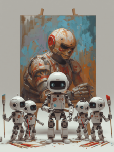 small robots with paint brushes standing in front of a painting