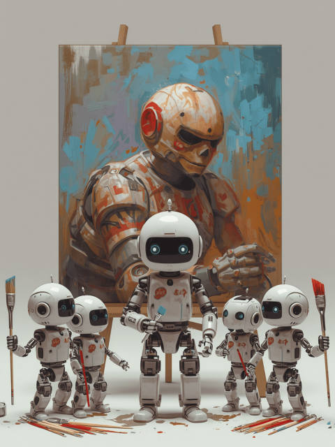 small robots with paint brushes standing in front of a painting