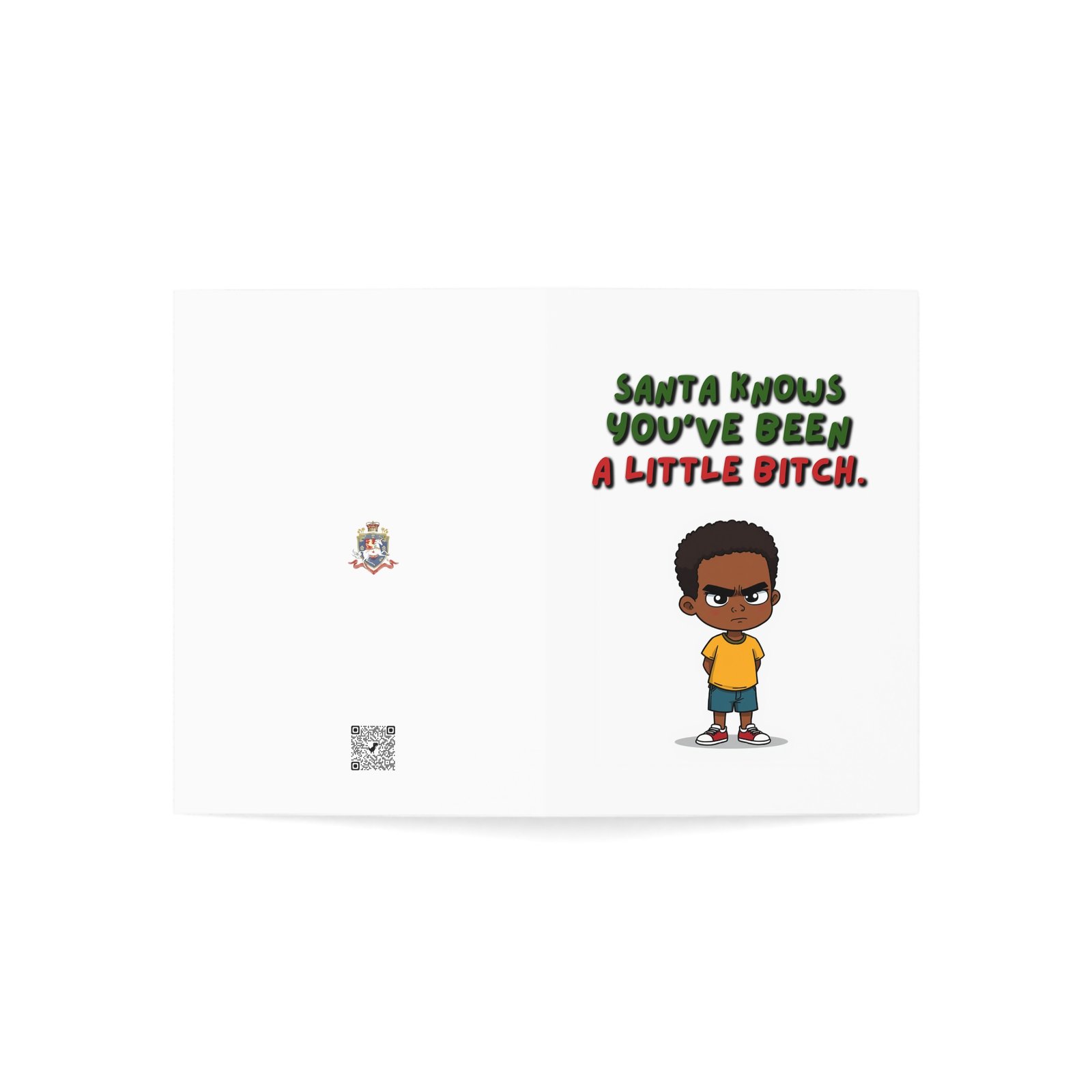Funny Christmas Greeting Card — “Santa Knows You’ve Been A Little Bitch” with Cute Grumpy Kid Design - Image 8