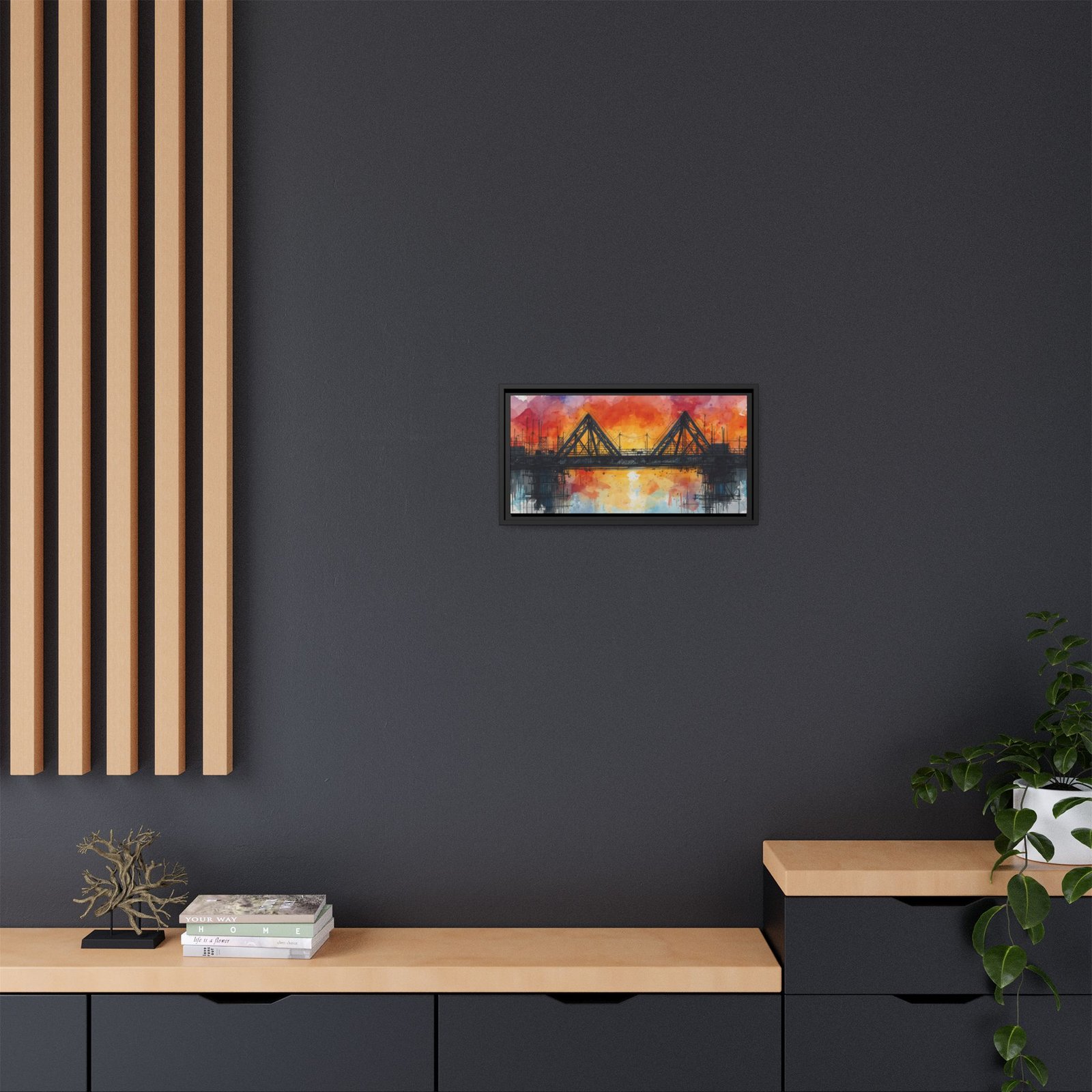 Watercolor Bridge Sunset Matte Canvas Wall Art, FRAMED 20x10" - Image 4