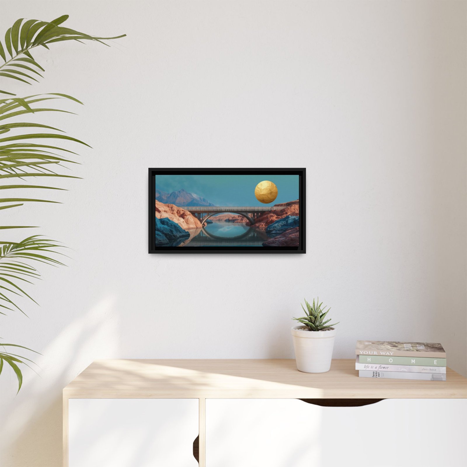 Surreal Landscape Bridge with Golden Moon, FRAMED 20x10" - Image 7