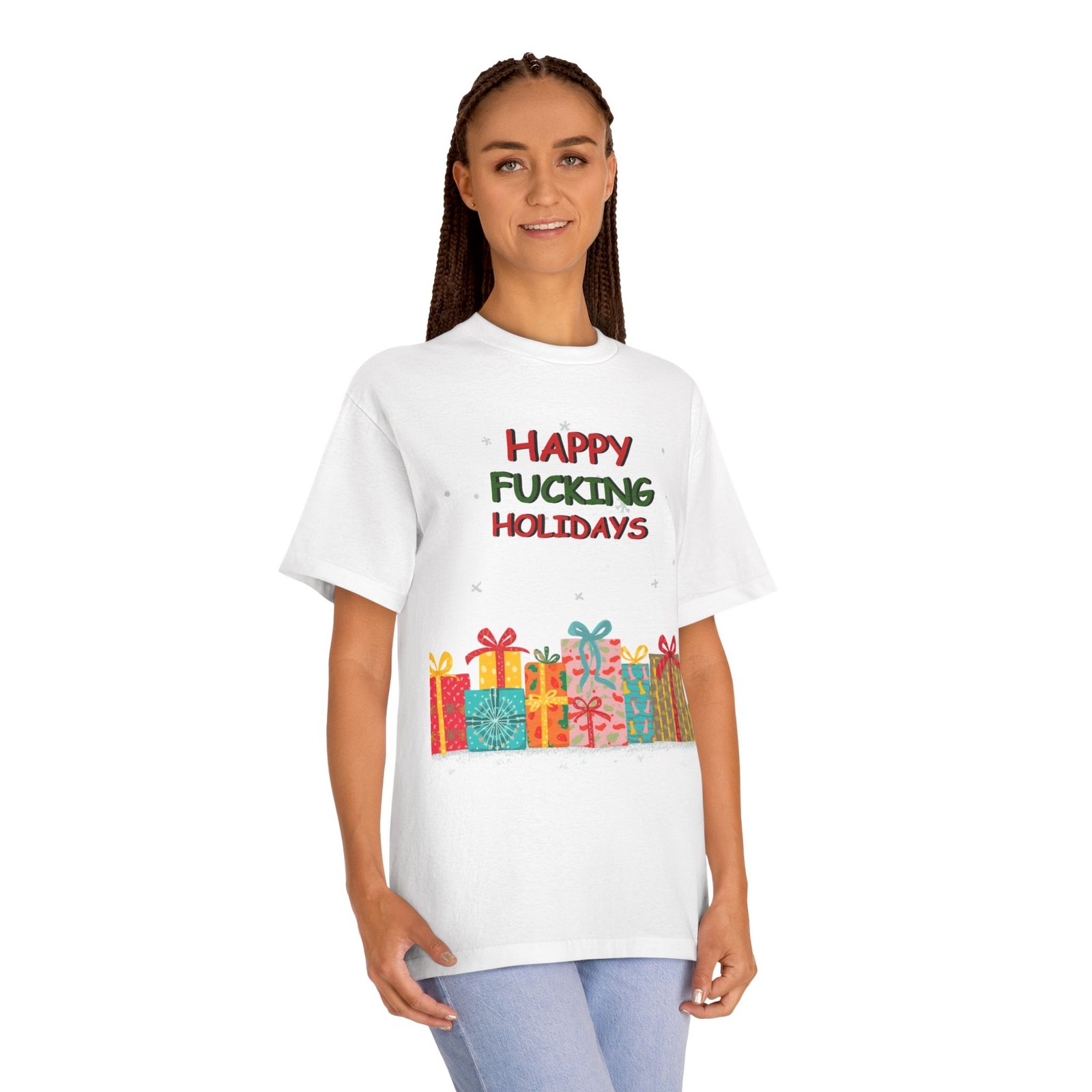 Happy Fucking Holidays T-Shirt — Funny Adult Christmas Gift Tee with Colorful Presents - Image 3