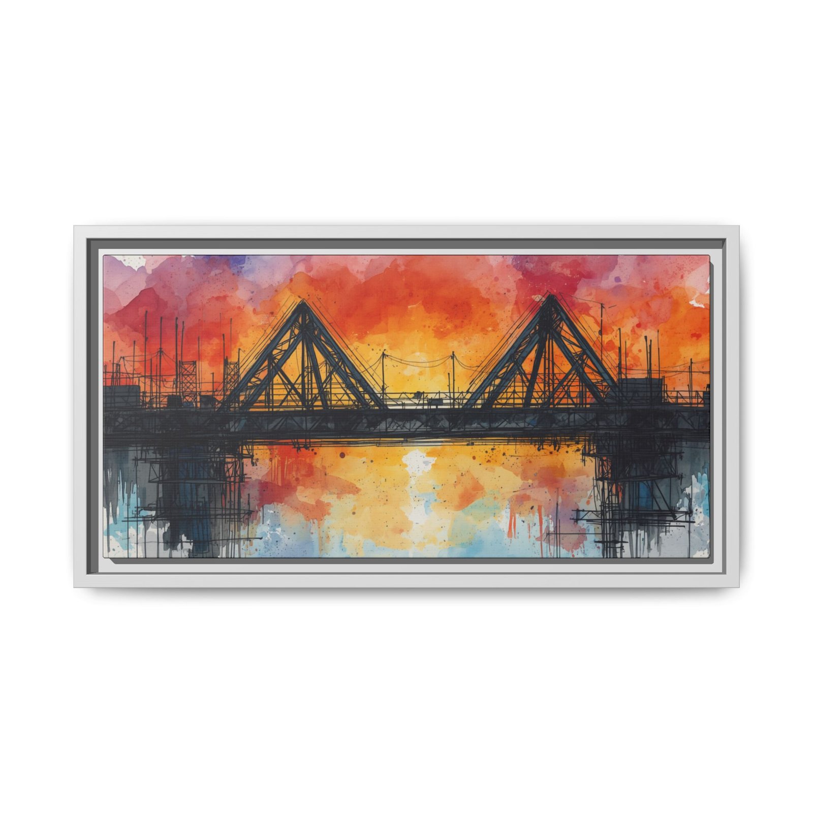 Watercolor Bridge Sunset Matte Canvas Wall Art, FRAMED 20x10" - Image 5