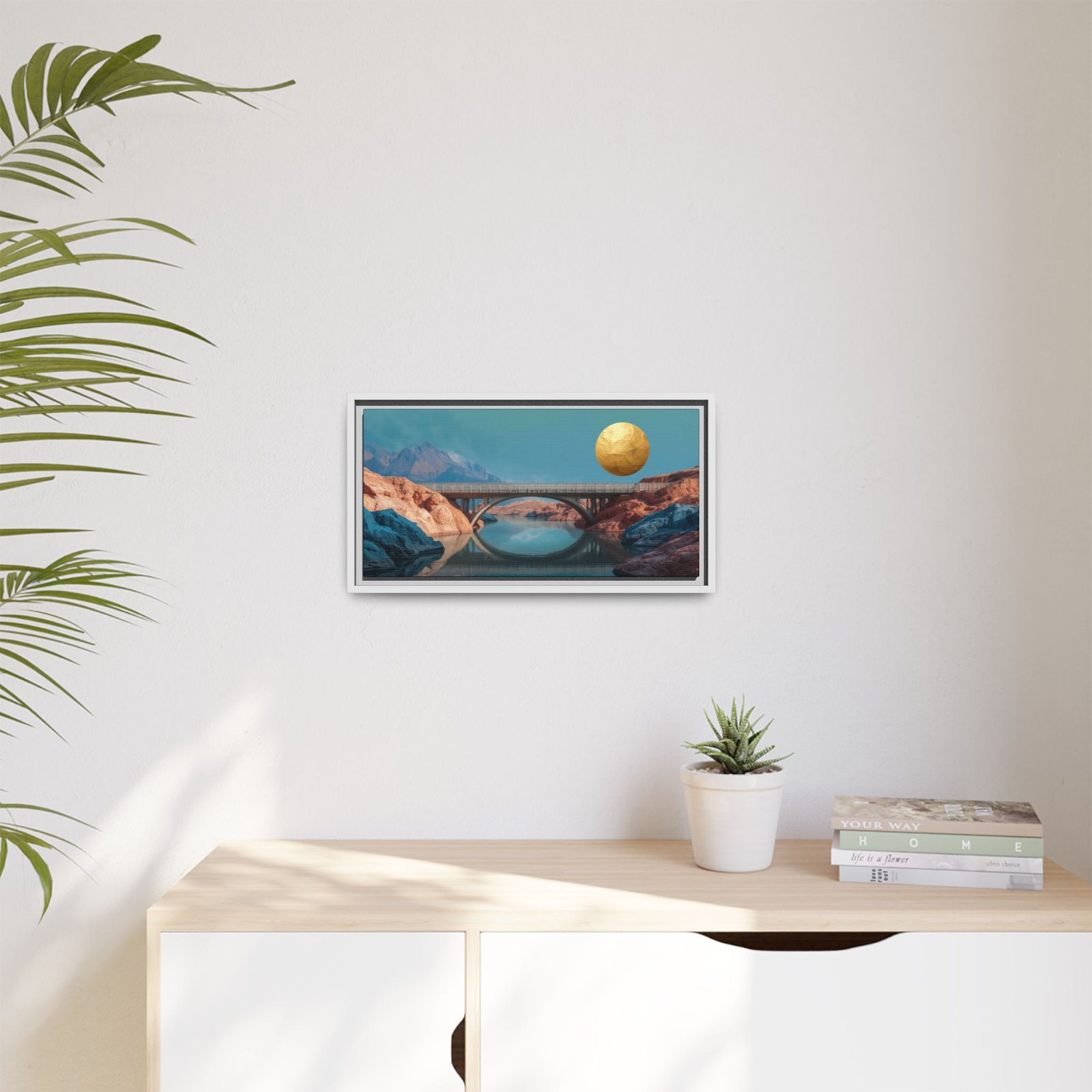 Surreal Landscape Bridge with Golden Moon, FRAMED 20x10" - Image 3