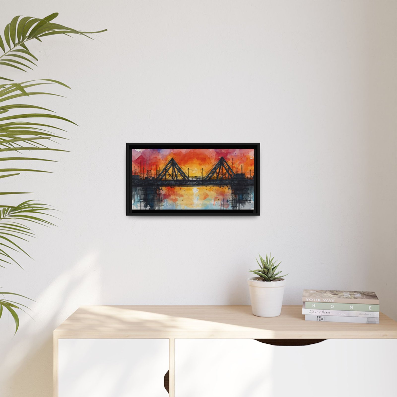 Watercolor Bridge Sunset Matte Canvas Wall Art, FRAMED 20x10" - Image 3
