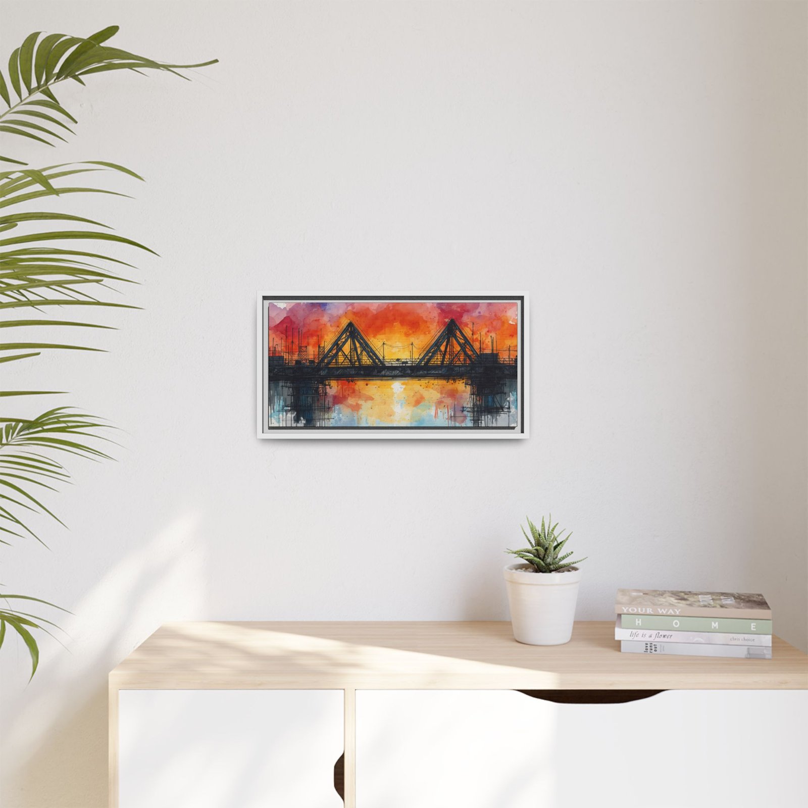 Watercolor Bridge Sunset Matte Canvas Wall Art, FRAMED 20x10" - Image 7