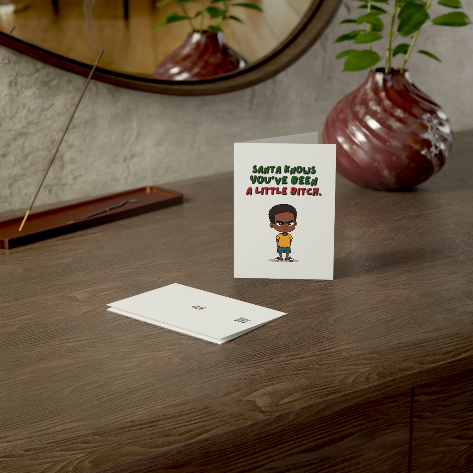 Funny Christmas Greeting Card — “Santa Knows You’ve Been A Little Bitch” with Cute Grumpy Kid Design - Image 10