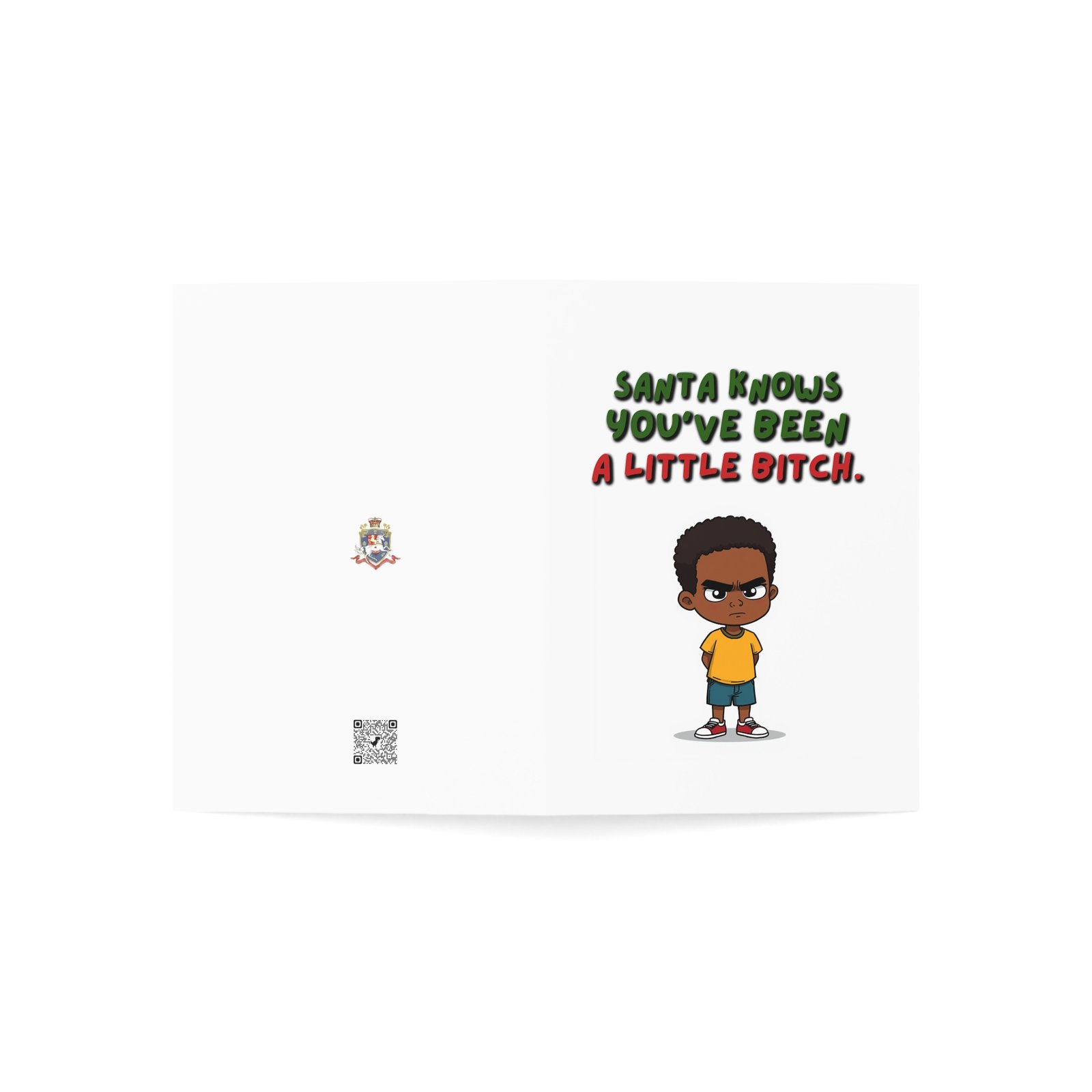Funny Christmas Greeting Card — “Santa Knows You’ve Been A Little Bitch” with Cute Grumpy Kid Design - Image 3