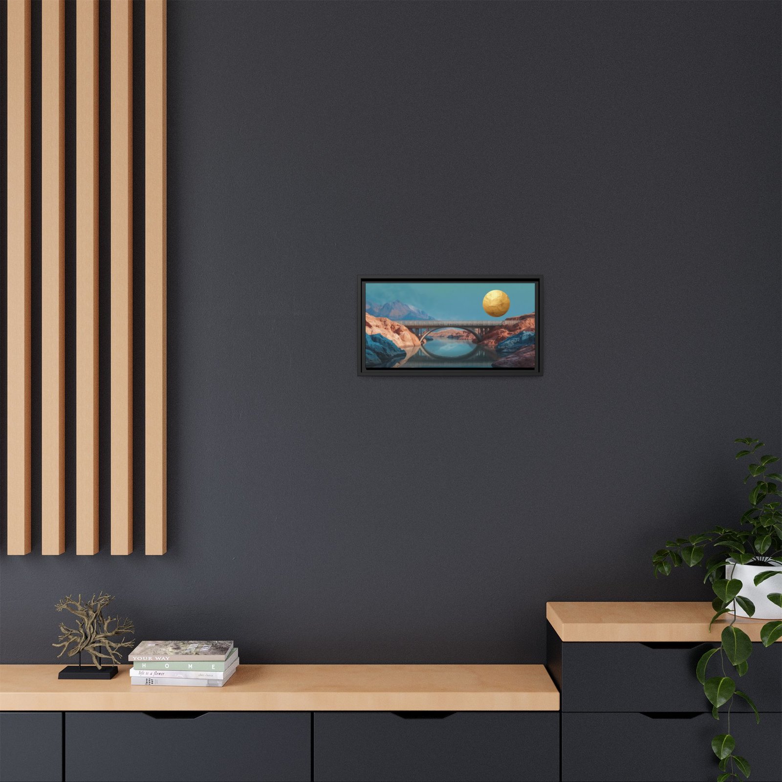 Surreal Landscape Bridge with Golden Moon, FRAMED 20x10" - Image 8