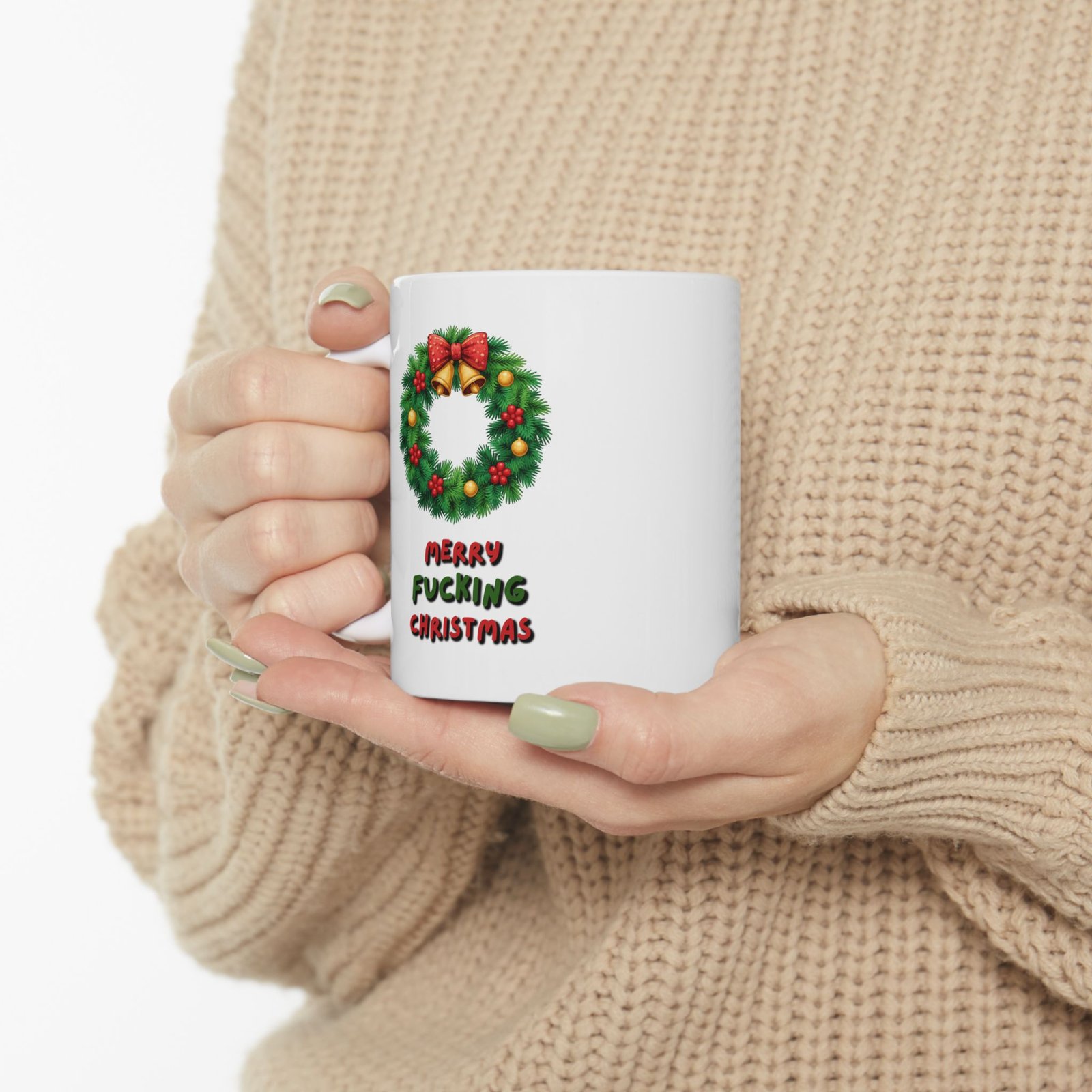 Christmas Wreath "SEASON'S FUCKING GREETINGS" Ceramic Mug (11oz, 15oz) - Image 4