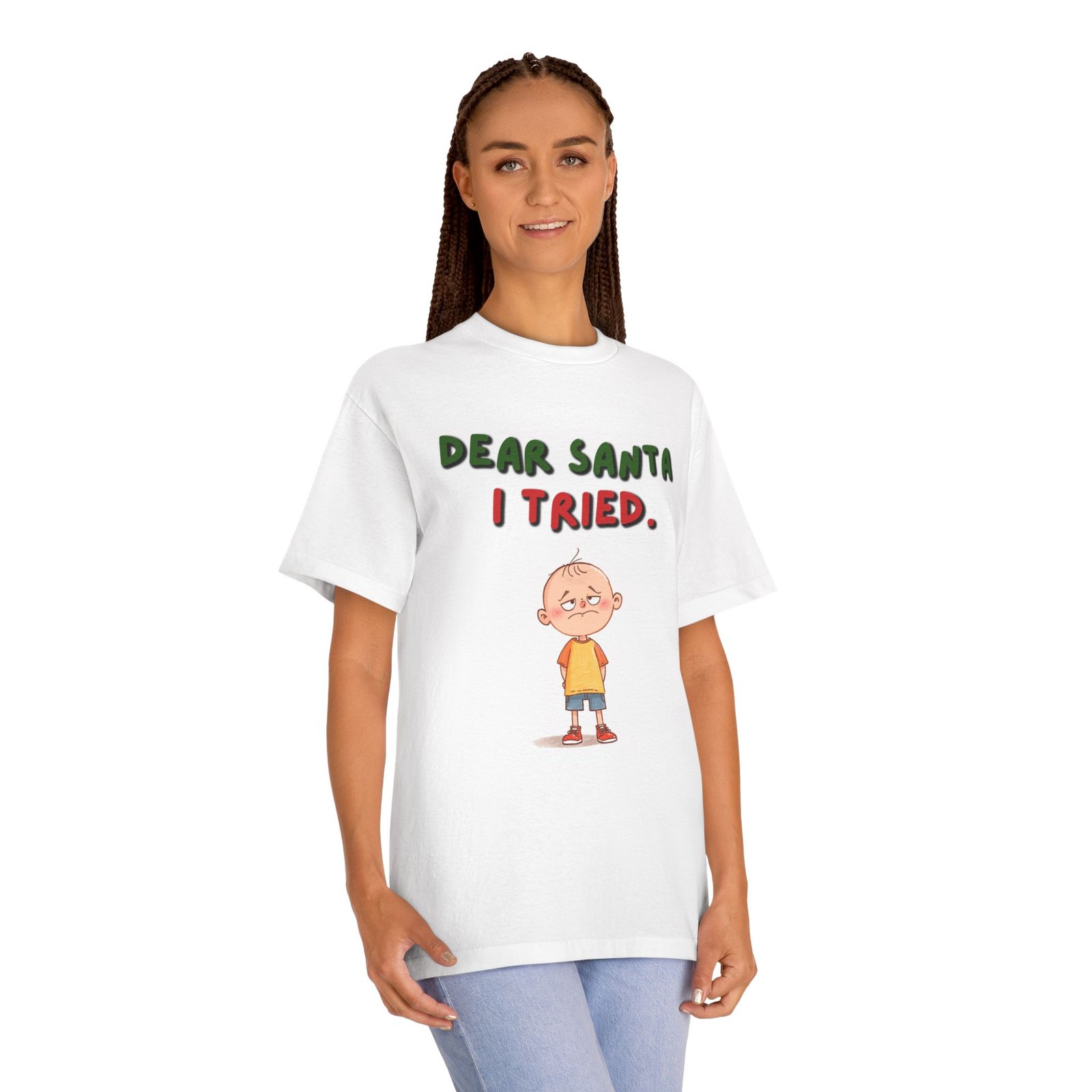 Dear Santa I Tried Kids Tee – Funny Christmas Shirt with Cute Cartoon Boy - Image 3