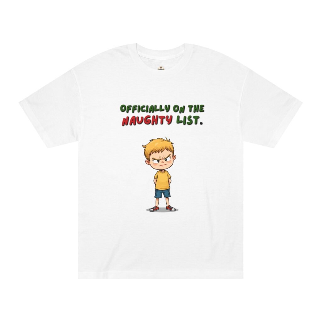 Officially on the Naughty List Kids Tee – Funny Christmas Shirt with Grumpy Boy Design