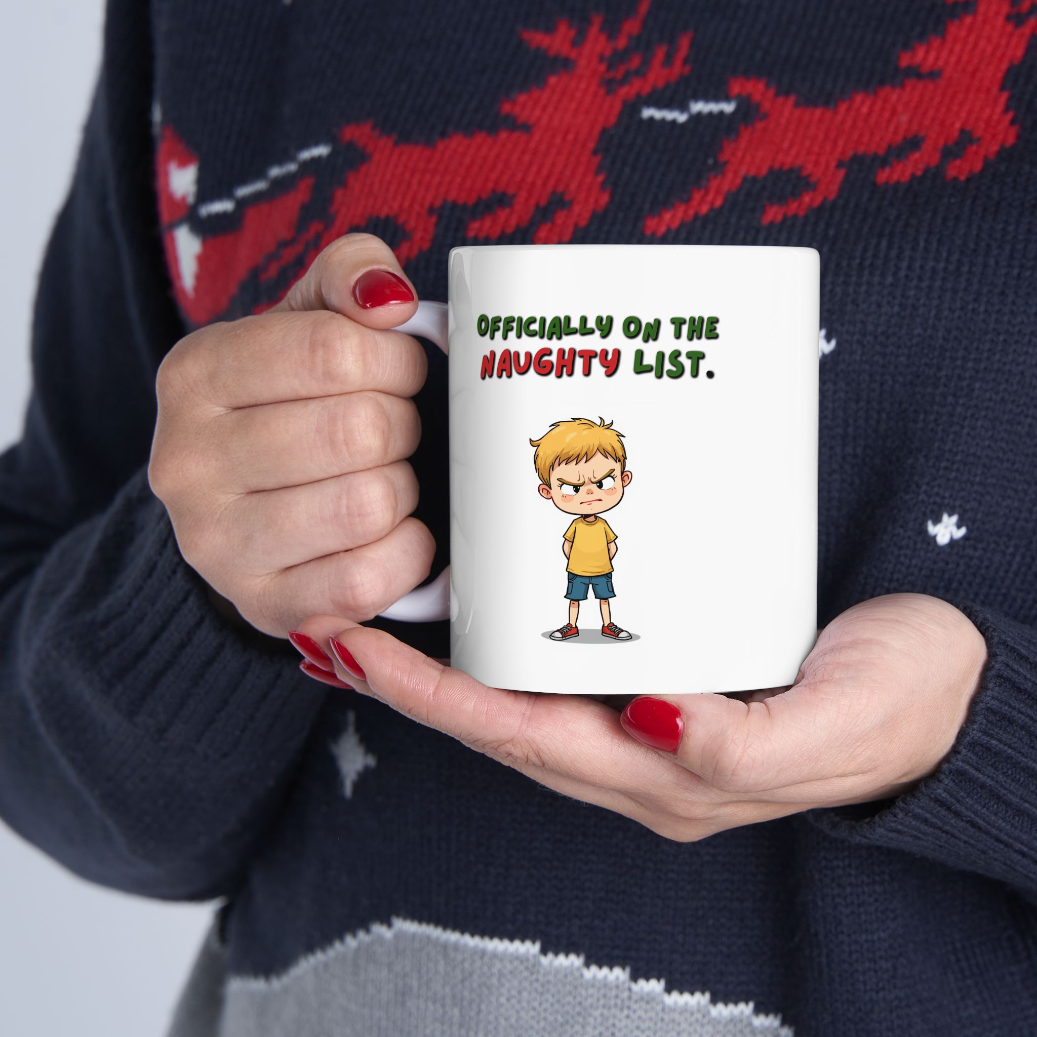 "Officially on the Naughty List" Funny Christmas Ceramic Coffee Mug, 11oz - Image 4